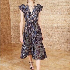 Ulla Johnson Asis Batik-Patterned Midi Dress in Indigo.
